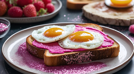 Delicious breakfast toast with pink spread and sunny side up eggs