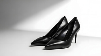 Pair of black high heeled stiletto pumps on white background