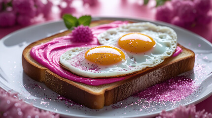 Delicious pink toast with eggs and sprinkles on a plate