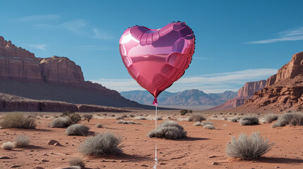Heart shaped pink balloon floating in desert landscape with mountains