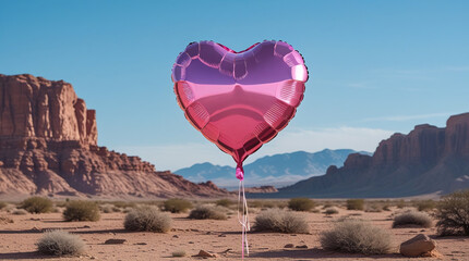Pink heart shaped balloon floating in desert landscape with rocky mountains
