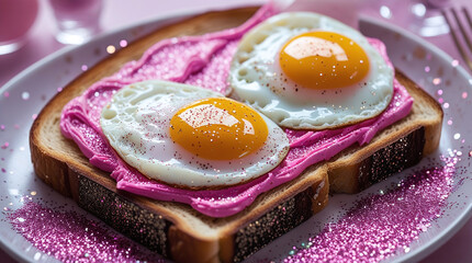 Delicious pink toast with sunny side up eggs and sparkles