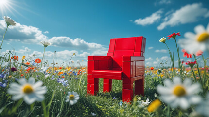 Vibrant red chair made of blocks in a colorful flower field