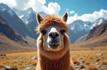 Obraz premium Close up portrait of a fluffy brown llama looking directly at camera with mountains and blue sky in background. Llama stands on dry grassy field with rocks. Calm animal gaze.