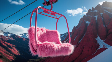 Pink ski lift chair with fluffy seat in snowy mountain landscape