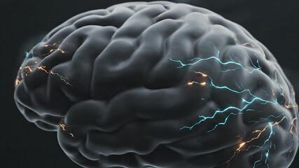 A detailed 3D illustration of a human brain with electrical impulses and activity visible on its surface - Powered by Adobe