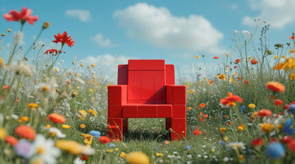 Vibrant red chair made of blocks in a colorful flower field