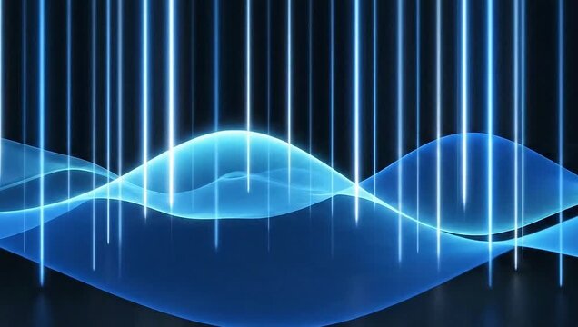 Abstract futuristic background with glowing blue light waves and vertical neon beams on a dark reflective surface