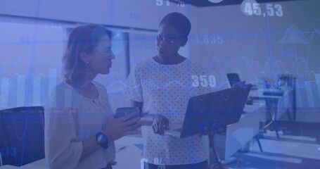 Animation of graphs and numbers changing over diverse female colleagues discussing over laptop - Powered by Adobe