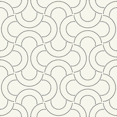 Vector seamless pattern. Stylish dotted ornament with geometric arches. Regular monochrome texture featuring a grid of concentric semicircles. Basic essential surface design.