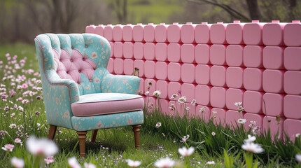 Vintage armchair in floral fabric beside pink cube wall in blooming garden