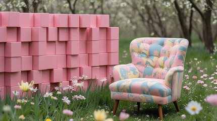 Vibrant floral armchair in serene blooming garden with pink cubes