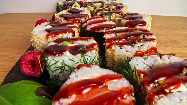 A sliding shot across a plate of delicious-looking sushi, garnished with raspberries.