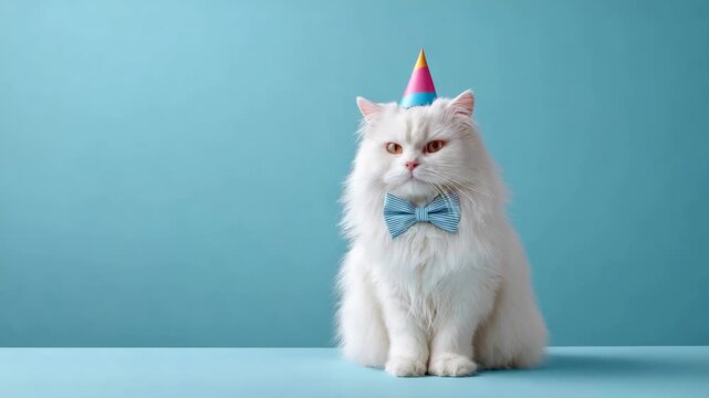 Adorable white fluffy cat wearing a colorful party hat and a blue bow tie sitting on a blue background. The cute pet is celebrating its birthday, looking around with a funny, grumpy expression