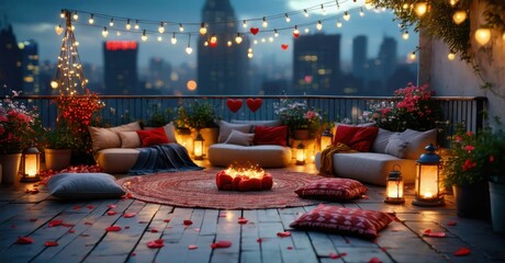 Obraz premium Romantic rooftop setting. Cozy furniture, warm lights, city view. Petals scattered around fire pit, perfect evening ambiance.