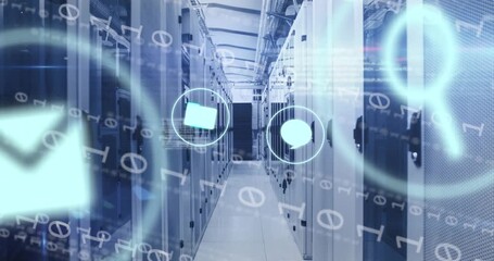 Animation of digital icons, data processing and binary coding against server room - Powered by Adobe