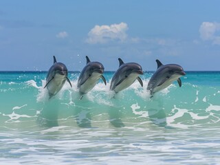 Four dolphins leaping in turquoise waters