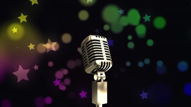 Animation of microphone over gradient spots of light and star icons against black background