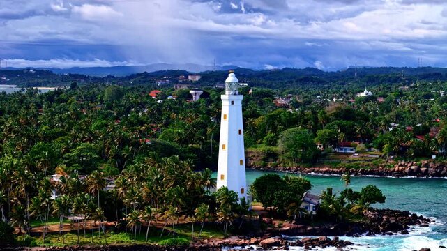 Drone view of Dondra Head lighthouse rising above lush palms and rocky shoreline on the southern coast of Sri Lanka, with dramatic clouds over distant hills.