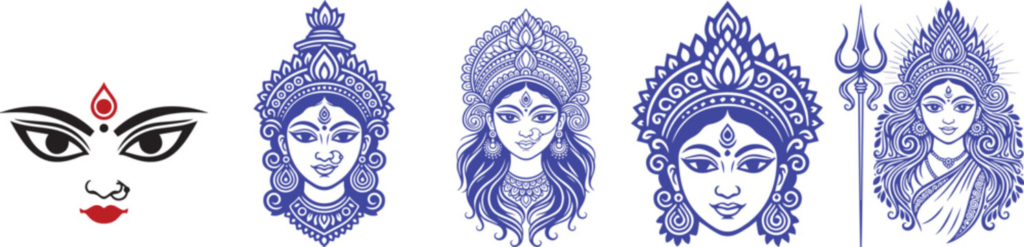 Durga Maa Faces Vector Illustration, Indian Goddess Flat Design