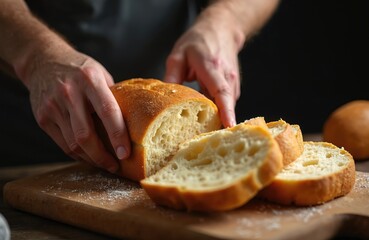 Man slices loaf on cutting board. Sliced loaf of bread. Homemade crusty wheat pastry. Healthy bakery product. Culinary food preparation. Fresh baked goods for healthy diet