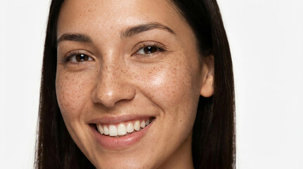 beauty photo of smiling young adult woman with freckles on face enjoying fresh clean healthy skin advertising skincare beauty cosmetics