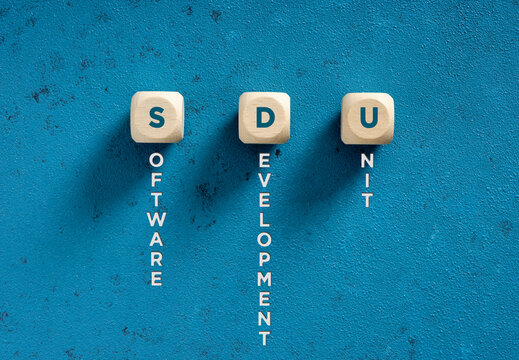 Software Development Unit Written with Wooden Cubes on Blue Background