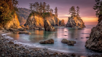 Majestic rocky coastline with pine trees silhouetted against a breathtaking sunset sky, showcasing serene ocean waters and dramatic cliffs.