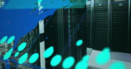 Animation of data processing over world map and computer servers - Powered by Adobe