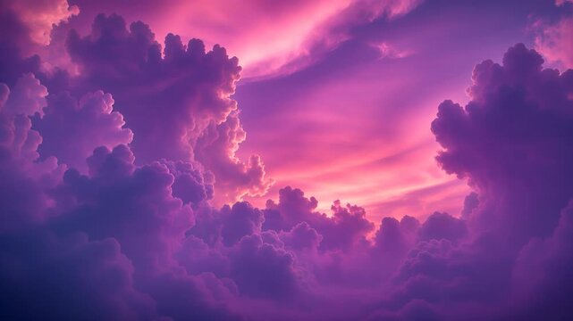 Majestic purple and pink clouds part to reveal a beautiful and dramatic sunset on the horizon