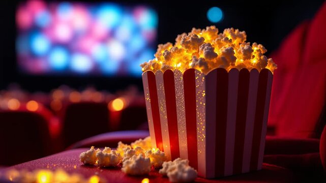 Luminous popcorn box sitting on a red seat in a cinema with a colorful blurred screen background