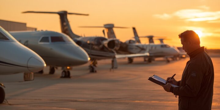 A professional prepares to oversee flight operations at a private jet airport during a breathtaking sunset. Attention to detail is crucial for smooth departures. Generative AI