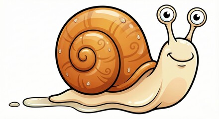 A cartoon illustration of a cheerful snail with a spiral shell, embodying tranquility and slow and steady progress.