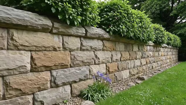 Beautiful stone retaining wall with lush greenery and vibrant flowers