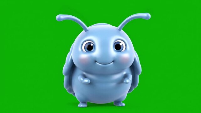 A cheerful cartoon bug with big eyes and rosy cheeks standing against a green background