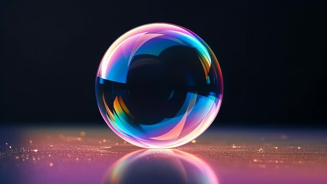 Single soap bubble with vibrant, psychedelic neon colors landing on a reflective surface and popping