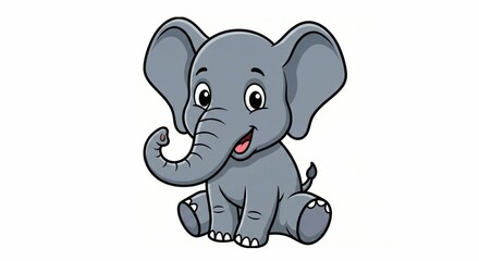 A cute cartoon elephant, its trunk raised in a playful gesture, sitting gracefully, inviting viewers to share in its joyful spirit.
