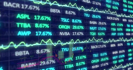 Animation of statistics and financial data processing over black background - Powered by Adobe