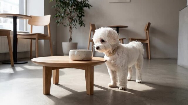 Cute white maltese dog standing in a sunlit modern cafe, wagging its tail expectantly