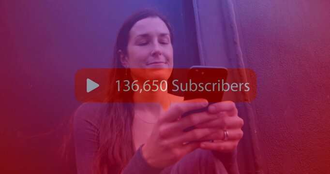 Animation of subscribers text with growing number over caucasian woman using smartphone