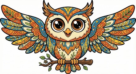 A vibrant, intricately designed owl, rendered in a striking illustration, perched on a branch with its wings spread wide, showcasing an exquisite display of artistry and charm.