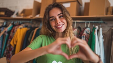 The woman smiling and forming a heart with hands in clothing store