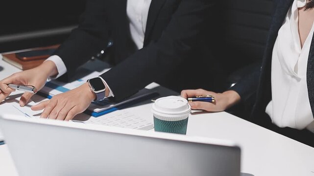 Two women are looking at a table with many papers and graphs. One of the women is holding a pen
