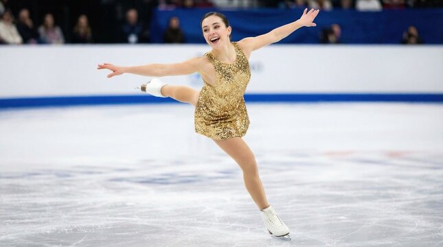 Single figure skater executing spiral position in competition. Concept of technical elements, artistic expression, athletic flexibility, and professional ice skating performance.