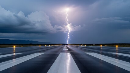 Lightning strikes over airport runway during stormy weather