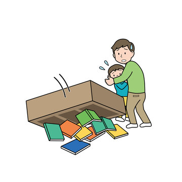 地震発生時に倒れた家具から離れる親子のイラスト