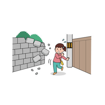地震発生時にブロック塀から離れる女の子のイラスト