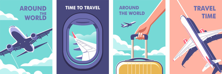 Airplane gaining altitude. View through the porthole of aircraft. Passenger plane parked on the runway. Woman holding a suitcase in her hand close-up. Perfect vetor background on the theme travel. © faber14