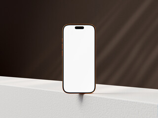 Modern phone screen mockup standing upright with elegant shadow and soft light