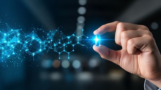 A hand holds a capsule surrounded by digital connections and patterns